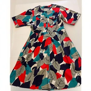HORROCKSES Vintage 1950s Cotton Dress NZ Size 12 Grey Blue Red Leaf Pattern - Picture 1 of 9