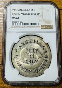 1967 Anguilla Liberty Dollar Counterstamp 1953 Mexico 5 Pesos Silver NGC MS 61 - Picture 1 of 4