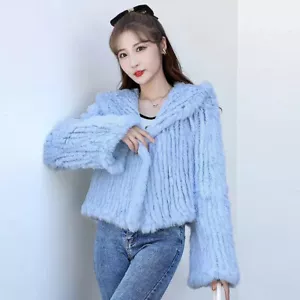 Real Rabbit Fur Hooded Coat Girls Manual Weave Soft Comfort Fahsion Warm Jacket - Picture 1 of 26