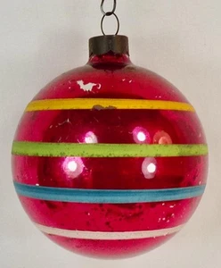 Franke Christmas Ornament Red Ball Colorful Stripes Large Vintage #1012 - Picture 1 of 8