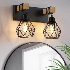 Farmhouse Vanity Light for Bathroom, 2-Light Wood Bathroom Vanity Light Fixtu... - Picture 1 of 7