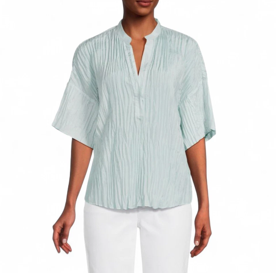 Blusa Top VINCE Para Mujer Pura Seda Aplastada Azul Cielo Mangas Cortas Talla 2X Foto 1 de 4
