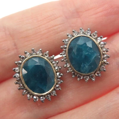 925 Sterling Silver Black Rhodium Real Diamond & Oval-Cut Sapphire Earrings - Image 1 of 4