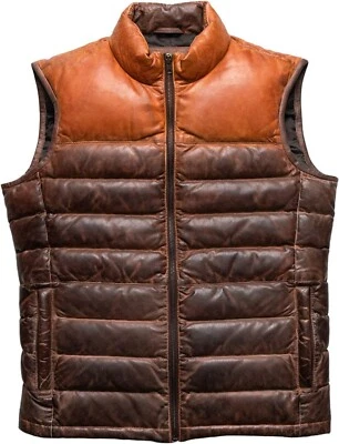 Men's Distressed Puffer Vest Real Lambskin Leather Quilted Padded Vest Two-Tone - Image 1 of 4