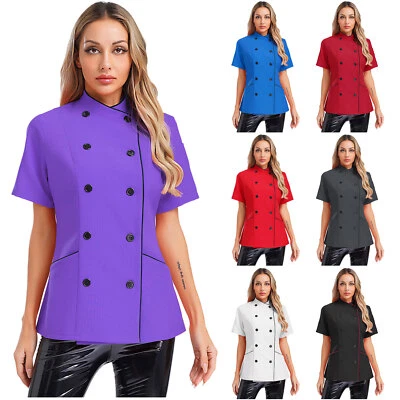 Women Tops Bakery Jacket Restaurant Coat Stylish Short Sleeve Hotel Cross-Over - Image 1 of 4