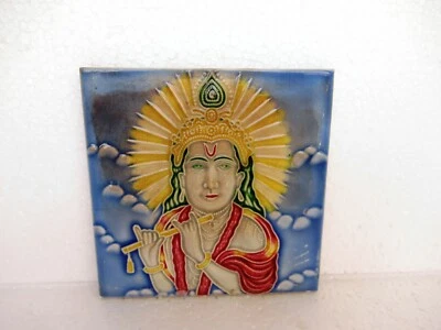 Azulejo antiguo Art Nouveau porcelana mayólica Japón Señor Krishna flauta música antigua"6 Foto 1 de 4