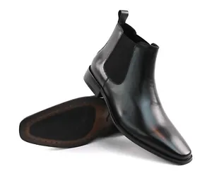 Genuine Leather Black Mens Dress Chelsea Boots Almond Toe Leather Lining AZAR - Picture 1 of 8