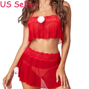 Santa Costume for Women Cute Roleplay Outfit Red Apron Mini Skirt Sexy Lingerie - Picture 1 of 15