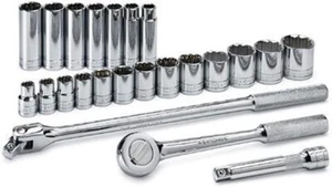 SK TOOLS 1/2" Drive, 23 Piece, 12 Point, Standard & Deep SAE Chrome Socket Set: - Foto 1 di 3
