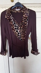 Lady's Top/blouse Size 14/EU42 Brown/camouflage Waist/sleeve Long Collar Button - Picture 1 of 11