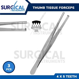 3 Pcs Thumb Tissue Forceps 5" 4X5 Teeth Stainless Steel German Grade - Picture 1 of 9