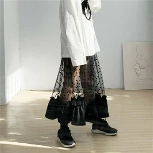 Women Lace Mesh Dot A-line Long Skirt Ruffle Black Elastic Waist Underskirt - Picture 1 of 6
