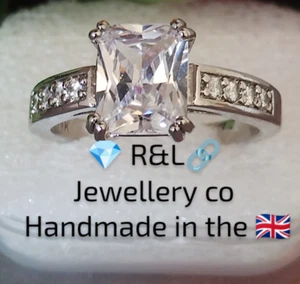 L2B: Woman White Gold* Ring. Size U-V. Lab Created Emerald Cut Moissanite Beryl - Picture 1 of 11