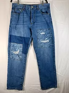 FUBU X Forever 21 Mens 33x31 Baggy Patches Distressed Jeans Streetwear Hip Hop - Picture 1 of 14