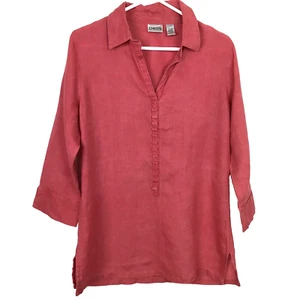 Top túnica CHICO'S para mujer 0 XS 4-6 rojo lino manga 3/4 cuello en V resort playa - Imagen 1 de 7