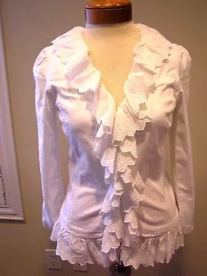 NWT Ralph Lauren White Cotton Denim  ruffled eyelet  lace jacket blazer White 4 - Image 1 of 4