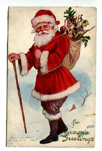 Babbo Natale con Bastone e Sacchetto di Giocattoli, Auguri Stagioni Cartolina d'epoca - Foto 1 di 2