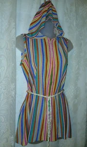 Vintage 70s Terry Cloth Rainbow Stripes Hooded Swim Cover-up Robe Tex M EUC - Picture 1 of 9