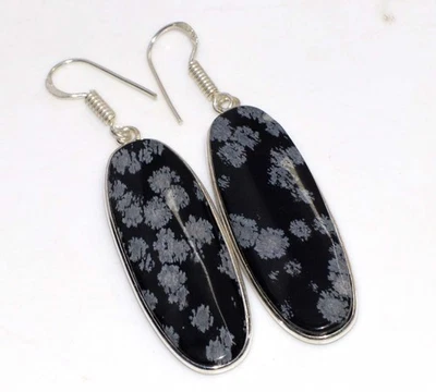 Pendientes Copo de Nieve Obsidiana 925 Chapados en Plata 2.4" Joyería Étnica GW Foto 1 de 3