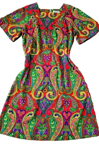 60s Hookano Hawaii Dress Colorful Paisley Flutter Sleeves Psychedelic Sz ML - Picture 1 of 11