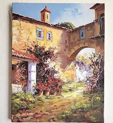 Mediterranean House Garden Bell Tower Italy Oil Painting Orig Artist Signed - Image 1 of 4
