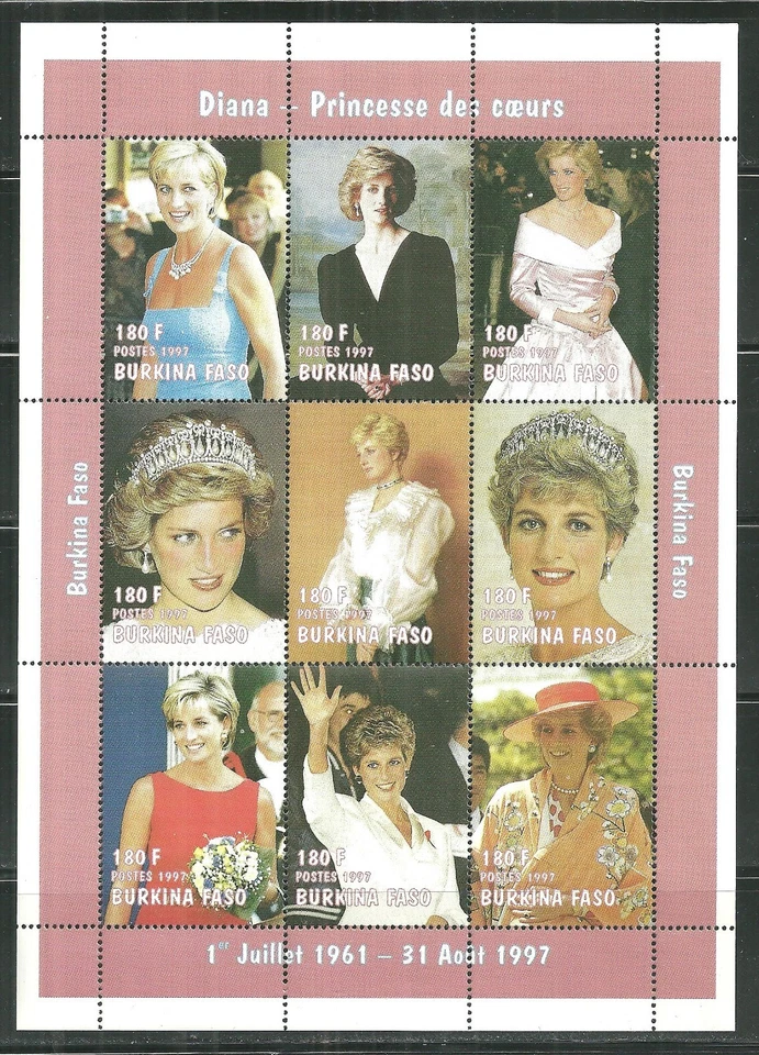 BURKINA FASO 1090K MNH ЛИСТ 9 ПРИНЦЕССА ДИАНА SCV 10.00 - Изображение 1 из 1