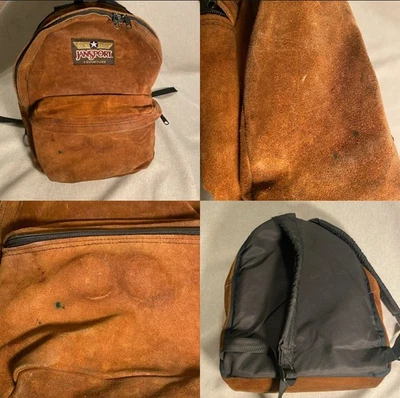 罕见复古 Jansport Adventure 棕色麂皮绒皮革背包袋墨水斑点磨损 — 第 1/4 张图片
