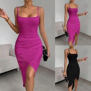 UK Women Ribbed Knit Mini Dress Ladies Strappy Clubwear Party Cocktail Bodycon - Picture 1 of 19