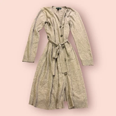 Vestido Suéter Lauren Ralph Lauren Para Mujer Grande Gris Seda Corbata Cintura Botón Delantero Foto 1 de 4