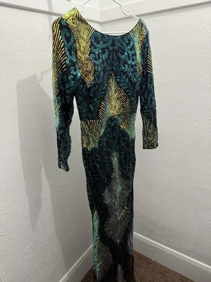 Open Back Long Sleeve Holiday Gown Fitted Dress - Image 1 of 4