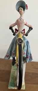 Handmade Pottery Ceramic Lady Riding on a Penny Farthing Bicycle Figurine Italy - Picture 1 of 17