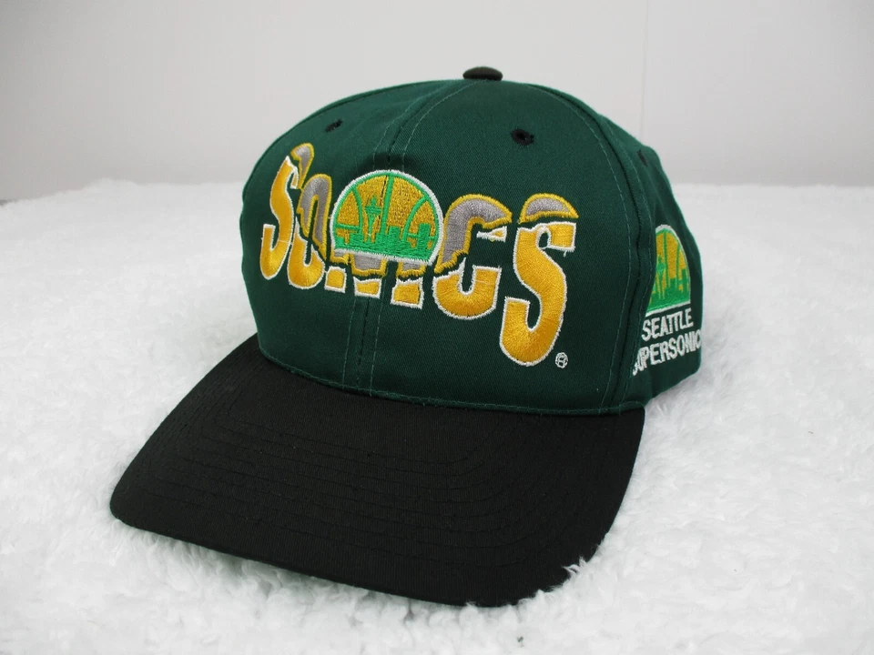 Gorra de colección Seattle Super Sonics Snapback NBA verde terremoto logotipo grande cabeza de bloque Foto 1 de 4