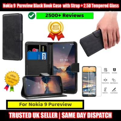 Nokia 9 PureView Black Book Case Flip with Strap + 2.5D Tempered Glass Protector - Image 1 of 4