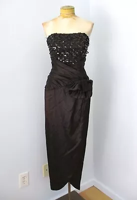 Vtg 80s Zum Zum black satin long wiggle formal dress sequin bustier hip bow 10 - Image 1 of 4