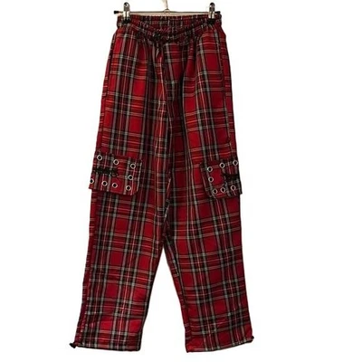 Pantalones para mujer Red Plaid Emo Punk Y2k Rave con cadena talla mediana 23x27 Foto 1 de 4