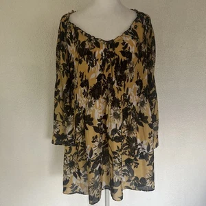 Spense Womens Top Sz 2X Yellow Black Floral Print V Neckline 3/4 Sleeves - Picture 1 of 15