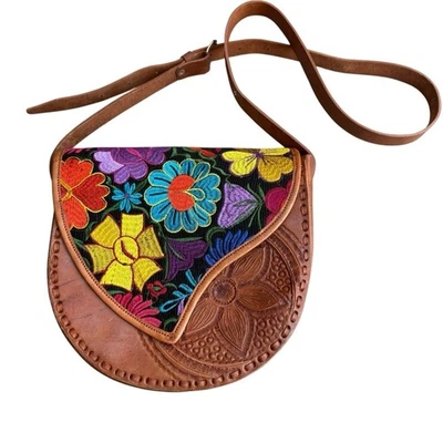 Handmade Embroidered Leather Satchel Handbag Tooled Bohemian Hippie Southwestern - Image 1 of 4