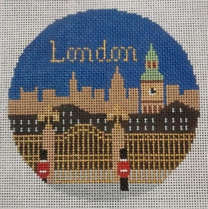 LONDON Handpainted Needlepoint Canvas Travel Ornament 4" Round Silver Needle - Picture 1 of 2