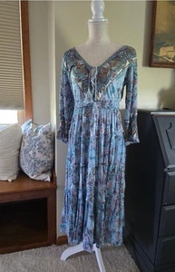 Angie Small women's size Small blue bohemian Boho maxi dress 3/4 sleeves, rayon - Picture 1 of 6