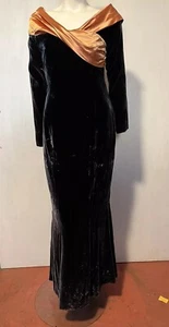 Green Velvet VTG Dress Movie Star Hollywood Handmade Gold Lining Off Shoulder S - Picture 1 of 16