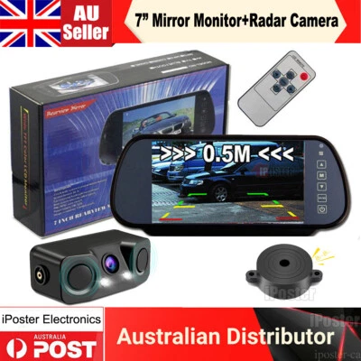 7" Car Rear View Mirror Monitor+Reversing Camera 2x Parking Radar Sensor Beeper - image 1 of 4
