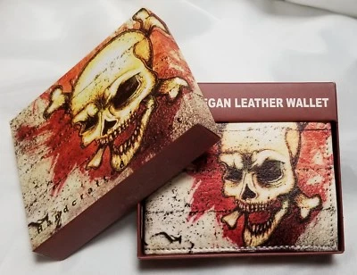 Laughing Skull & Crossbones Printed Wallet BI-Fold Men's Vegan Leather - Image 1 of 4