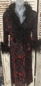 VTG 80s Rare Victorias Secret Sz M Ostrich Feather Burnout Black Red Velvet Robe - Picture 1 of 10