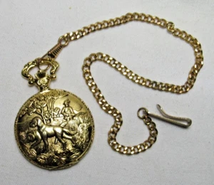 Vtg. Gold Toned Quartz Pocket Watch w/ Hunter, Rifle &Dogs Theme Chain Works NEW - Picture 1 of 7