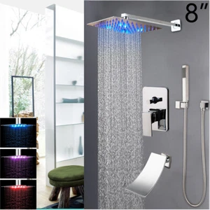 Juego de grifos de ducha LED cromados cabezales de ducha de lluvia cuadrados grifo mezclador de bañera en cascada - Imagen 1 de 21