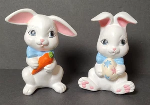 Set of 2 Vintage Hand Painted Ceramic Bunnies  Easter Figurine 4” Tall Cute 1982 - Picture 1 of 7