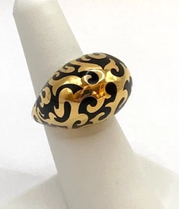 Black Enamel Gold Tone REBECCA Chunky Dome Swirl Pattern Ring Size 6.75 J728 - Picture 1 of 17