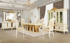 Luxurious Pedestal Base Table Antique White Lacquer/Gold Finish 7 Pcs Dining Set - Picture 1 of 6