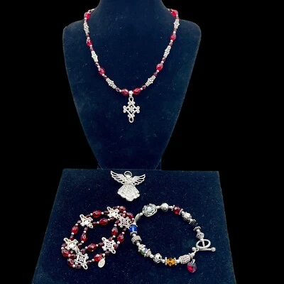 Holiday Necklace + Bracelet Set by Cookie Lee, Glass Bead Bracelet, Angel Brooch - Image 1 of 4