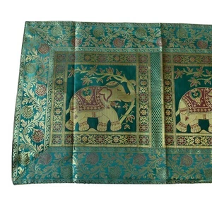 Boho Indian Silk Table Runner Green Tapestry 16” Width x 60” Length Elephants - Picture 1 of 6